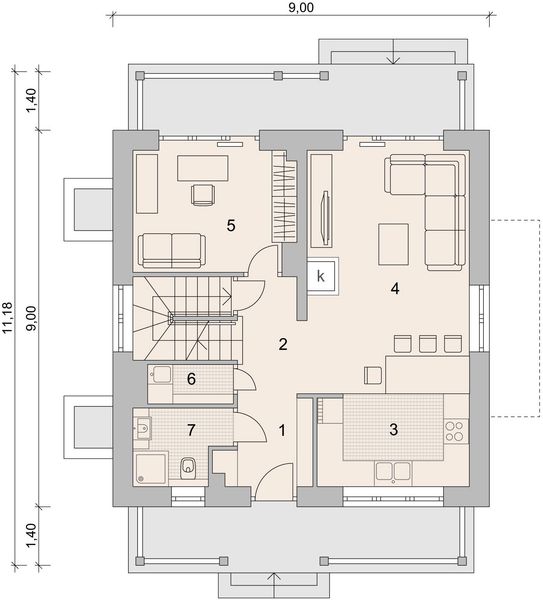 Projekt domu LK&1118 - rzut parteru, dom liczy 4 pokoje, 2 łazienki i wc