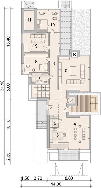 Projekt domu LK&1117 - rzut parteru, dom liczy 4 pokoje, 3 łazienki i wc