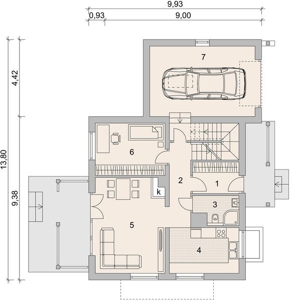Projekt domu LK&1112 - rzut parteru, dom liczy 4 pokoje, 2 łazienki i wc