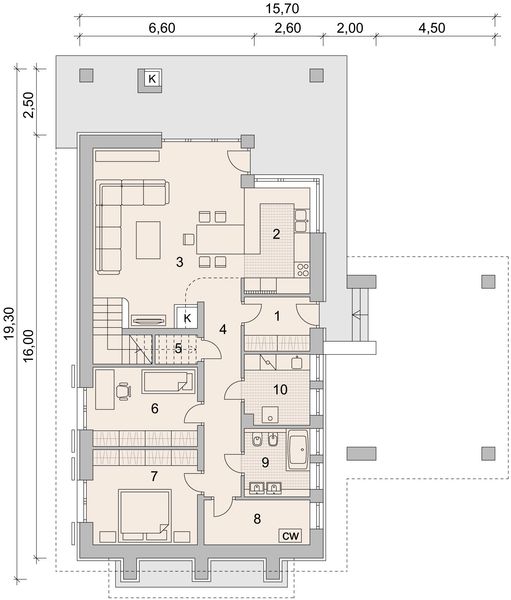Projekt domu LK&1109 - rzut parteru, dom liczy 4 pokoje, 2 łazienki i wc