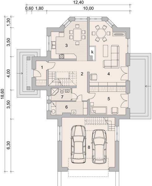 Projekt domu LK&1107 - rzut parteru, dom liczy 4 pokoje, 2 łazienki i wc