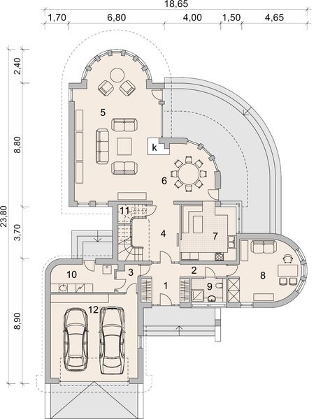 Projekt domu LK&1103 - rzut parteru, dom liczy 4 pokoje, 2 łazienki i wc