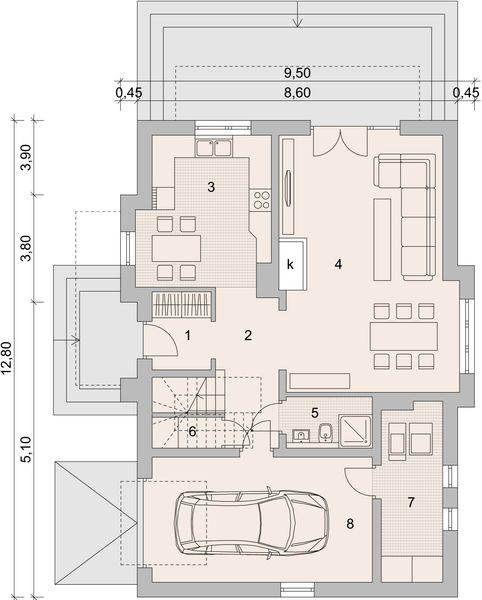 Projekt domu LK&1098 - rzut parteru, dom liczy 4 pokoje, 2 łazienki i wc