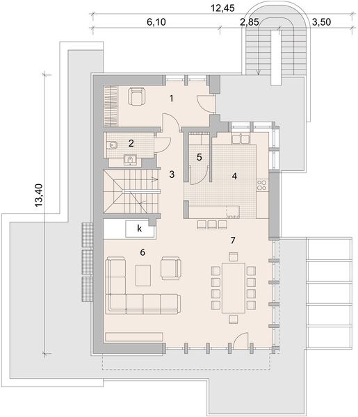 Projekt domu LK&1096 - rzut parteru, dom liczy 4 pokoje, 2 łazienki i wc