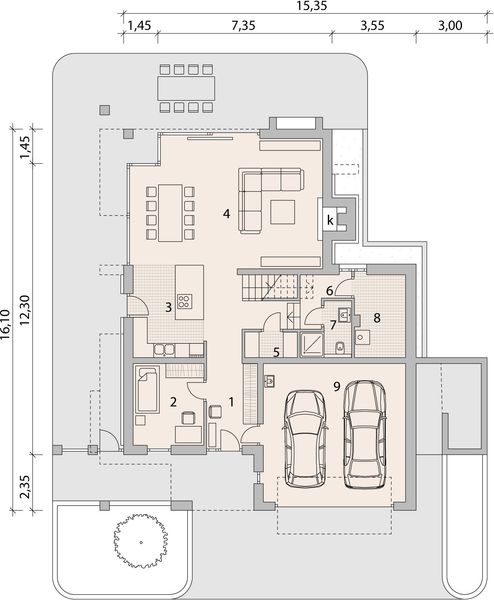 Projekt domu LK&1095 - rzut parteru, dom liczy 4 pokoje, 3 łazienki i wc