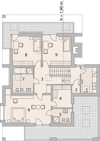 Projekt domu LK&1095 - rzut 1 piętra, dom liczy 4 pokoje, 3 łazienki i wc