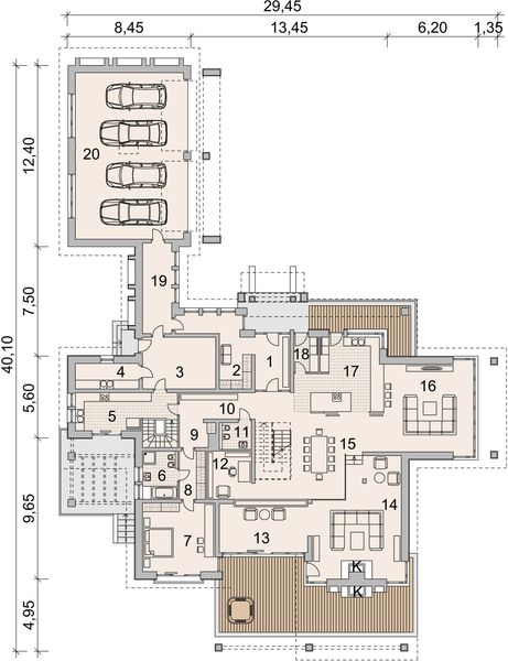 Projekt domu LK&1094 - rzut parteru, dom liczy 3 pokoje, 5 łazienki i wc