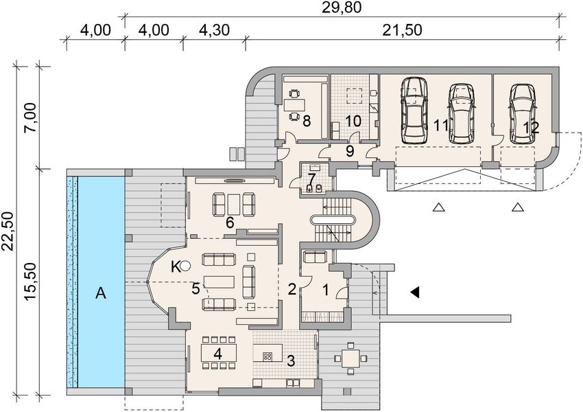 Projekt domu LK&1088 - rzut parteru, dom liczy 6 pokoje, 3 łazienki i wc
