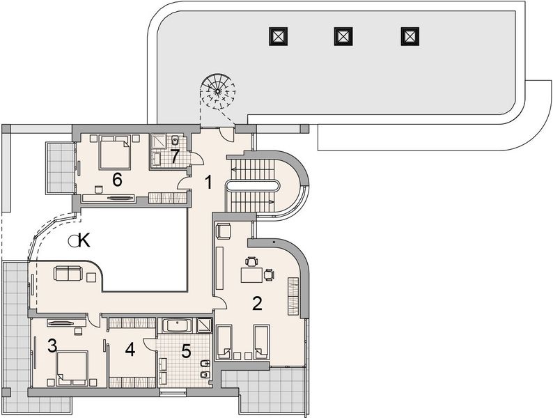 Projekt domu LK&1088 - rzut 1 piętra, dom liczy 6 pokoje, 3 łazienki i wc