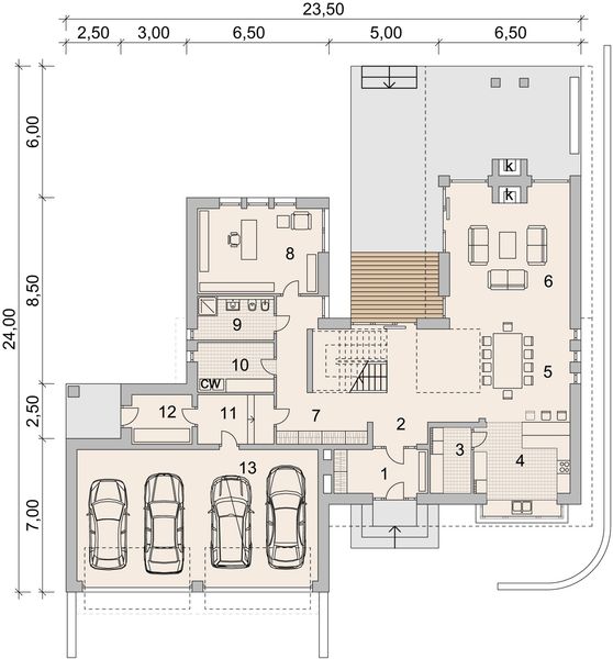 Projekt domu LK&1086 - rzut parteru, dom liczy 4 pokoje, 3 łazienki i wc