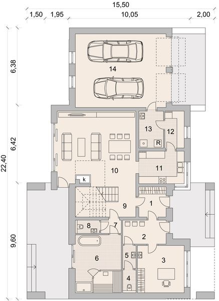 Projekt domu LK&1083 - rzut parteru, dom liczy 4 pokoje, 4 łazienki i wc