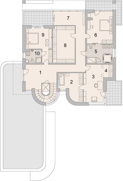 Projekt domu LK&1075 - rzut 1 piętra, dom liczy 6 pokoje, 3 łazienki i wc