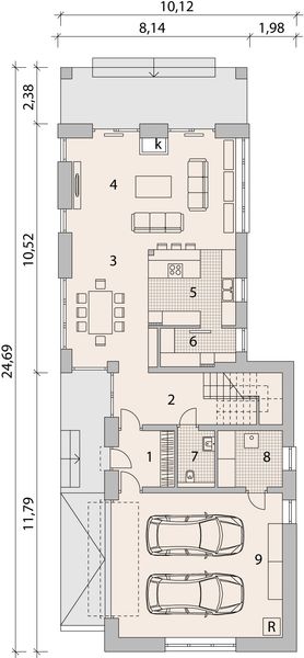 Projekt domu LK&1068 - rzut parteru, dom liczy 3 pokoje, 3 łazienki i wc