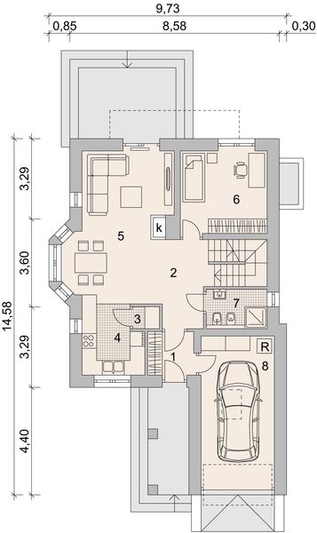 Projekt domu LK&1062 - rzut parteru, dom liczy 4 pokoje, 2 łazienki i wc