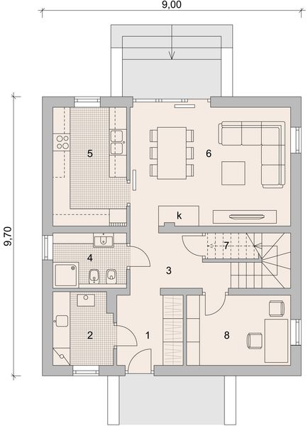 Projekt domu LK&1053 - rzut parteru, dom liczy 4 pokoje, 2 łazienki i wc