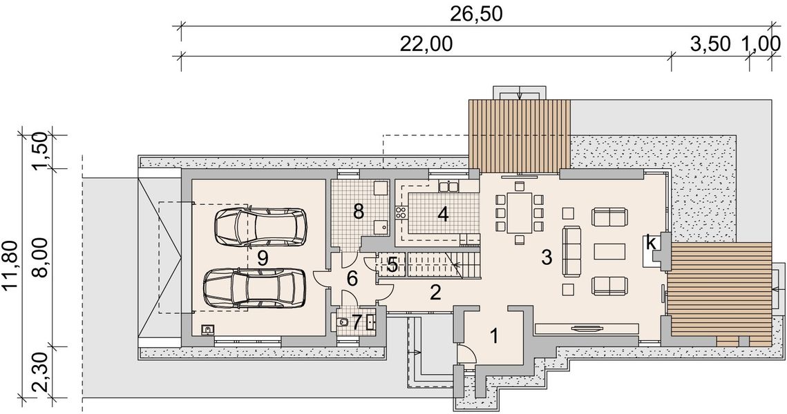 Projekt domu LK&1051 - rzut parteru, dom liczy 4 pokoje, 3 łazienki i wc