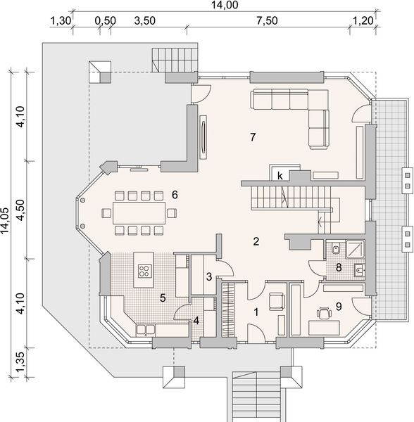 Projekt domu LK&1042 - rzut parteru, dom liczy 4 pokoje, 2 łazienki i wc