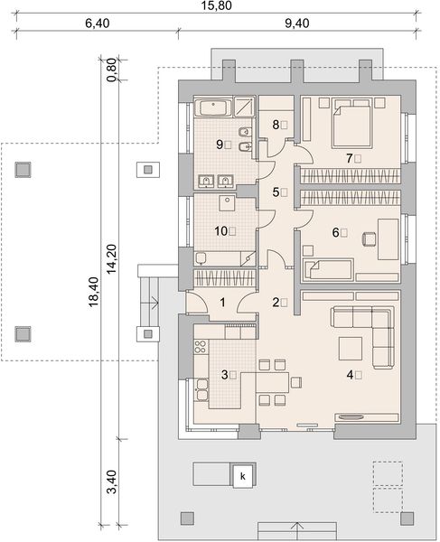 Projekt domu LK&1036 - rzut parteru, dom liczy 2 pokoje, 1 łazienki i wc