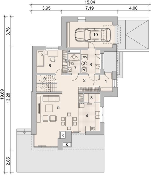 Projekt domu LK&1016 - rzut parteru, dom liczy 4 pokoje, 2 łazienki i wc