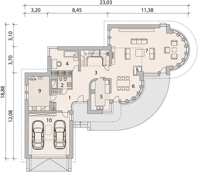 Projekt domu LK&1012 - rzut parteru, dom liczy 4 pokoje, 2 łazienki i wc