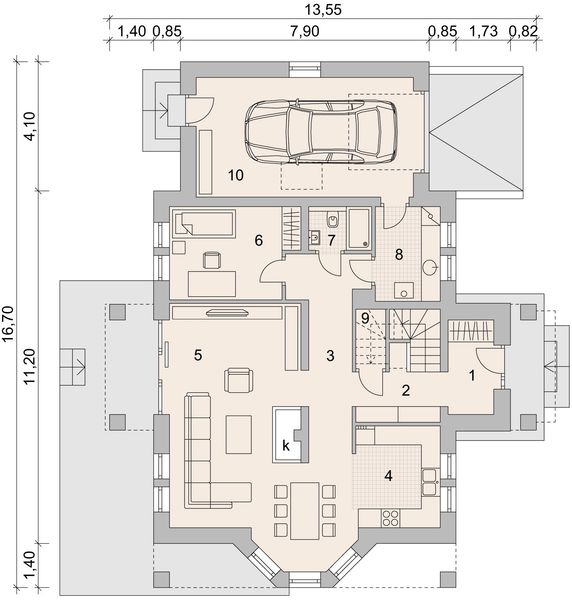 Projekt domu LK&1010 - rzut parteru, dom liczy 3 pokoje, 2 łazienki i wc