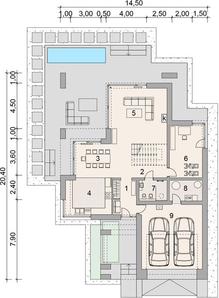Projekt domu LK&1934 - rzut parteru, dom liczy 3 pokoje, 2 łazienki i wc