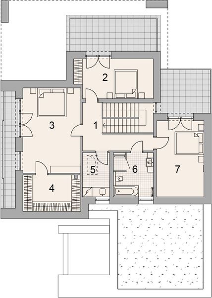 Projekt domu LK&1934 - rzut 1 piętra, dom liczy 3 pokoje, 2 łazienki i wc