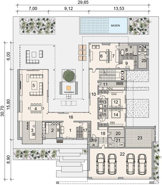 Projekt domu LK&1732 - rzut parteru, dom liczy 3 pokoje, 5 łazienki i wc