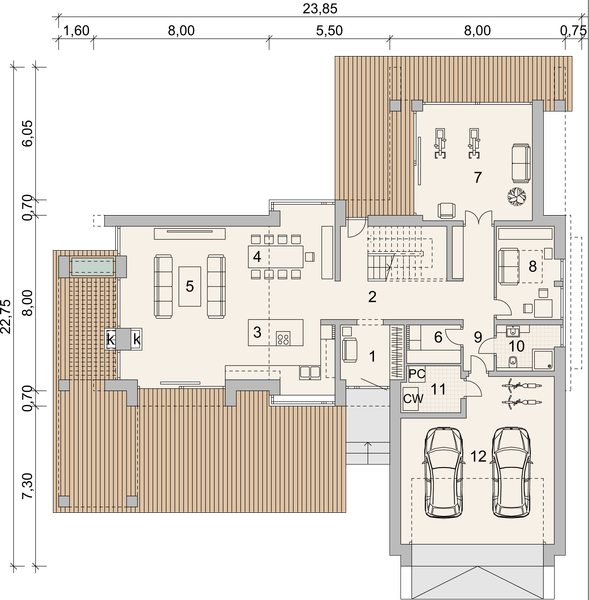 Projekt domu LK&1623 - rzut parteru, dom liczy 4 pokoje, 3 łazienki i wc