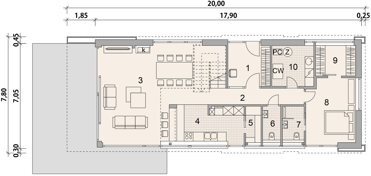 Projekt domu LK&1592 - rzut parteru, dom liczy 4 pokoje, 3 łazienki i wc