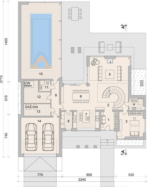 Projekt domu LK&1578 - rzut parteru, dom liczy 5 pokoje, 4 łazienki i wc