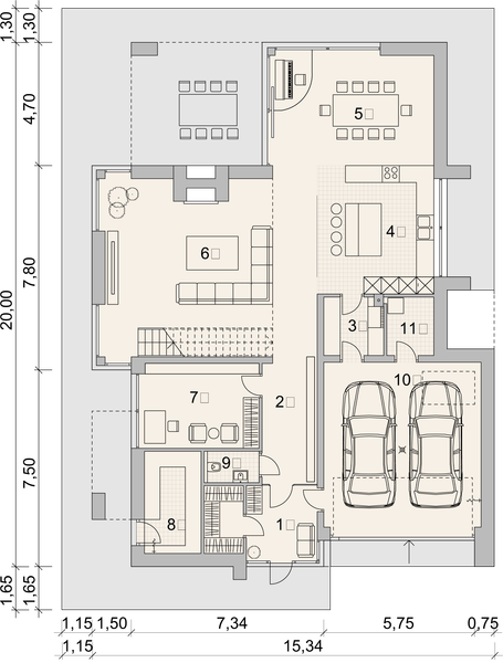 Projekt domu LK&1570 - rzut parteru, dom liczy 5 pokoje, 3 łazienki i wc