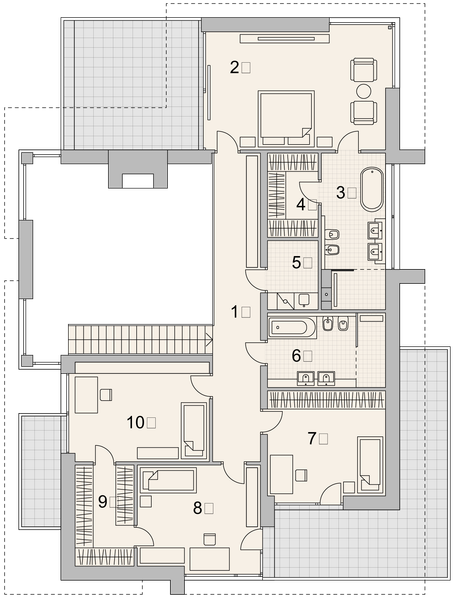 Projekt domu LK&1570 - rzut 1 piętra, dom liczy 5 pokoje, 3 łazienki i wc