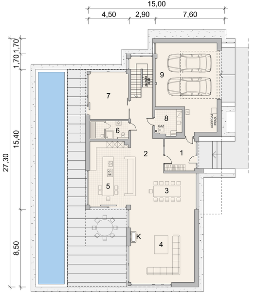 Projekt domu LK&1568 - rzut parteru, dom liczy 4 pokoje, 2 łazienki i wc
