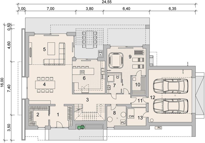 Projekt domu LK&1567 - rzut parteru, dom liczy 4 pokoje, 3 łazienki i wc