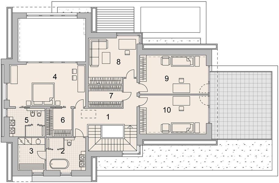 Projekt domu LK&1567 - rzut 1 piętra, dom liczy 4 pokoje, 3 łazienki i wc
