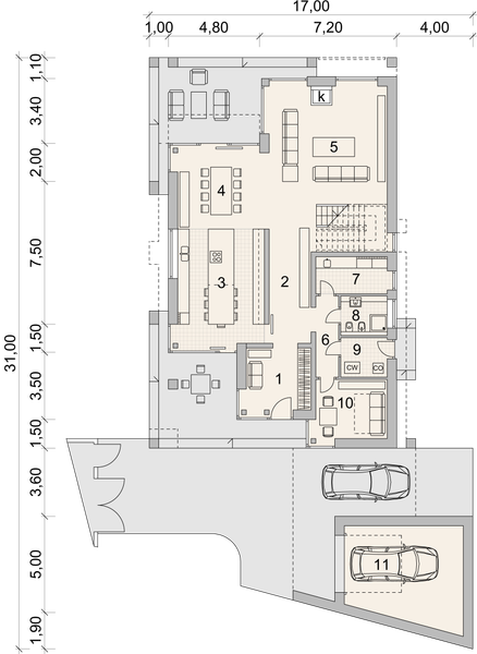Projekt domu LK&1561 - rzut parteru, dom liczy 6 pokoje, 3 łazienki i wc