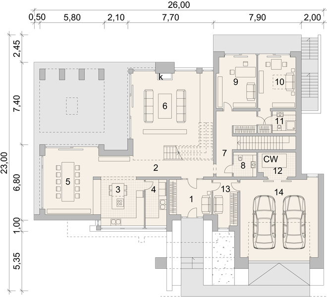 Projekt domu LK&1556 - rzut parteru, dom liczy 5 pokoje, 4 łazienki i wc