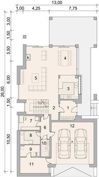 Projekt domu LK&1553 - rzut parteru, dom liczy 5 pokoje, 2 łazienki i wc