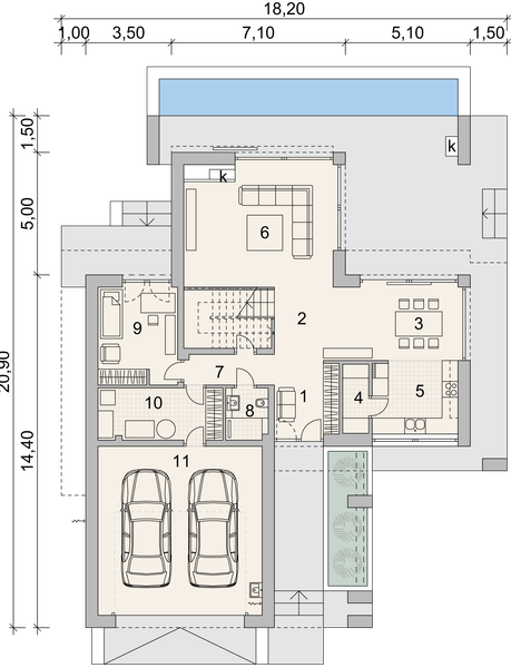 Projekt domu LK&1549 - rzut parteru, dom liczy 4 pokoje, 3 łazienki i wc