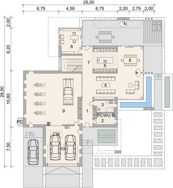 Projekt domu LK&1543 - rzut parteru, dom liczy 3 pokoje, 2 łazienki i wc