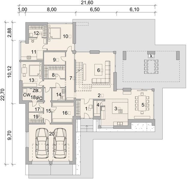 Projekt domu LK&1539 - rzut parteru, dom liczy 5 pokoje, 3 łazienki i wc