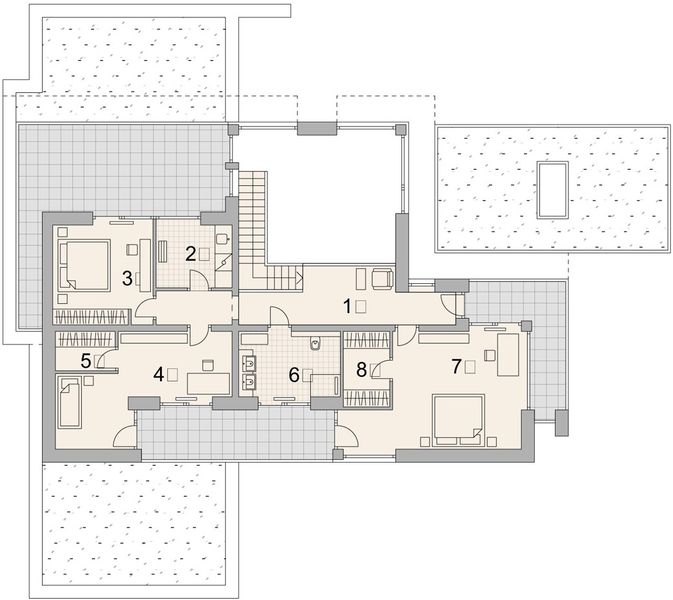 Projekt domu LK&1539 - rzut 1 piętra, dom liczy 5 pokoje, 3 łazienki i wc