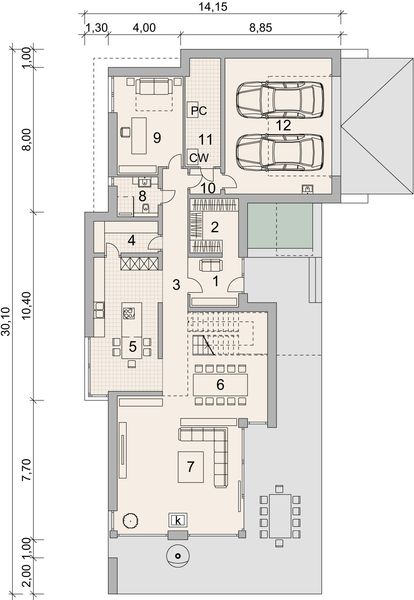 Projekt domu LK&1532 - rzut parteru, dom liczy 4 pokoje, 3 łazienki i wc