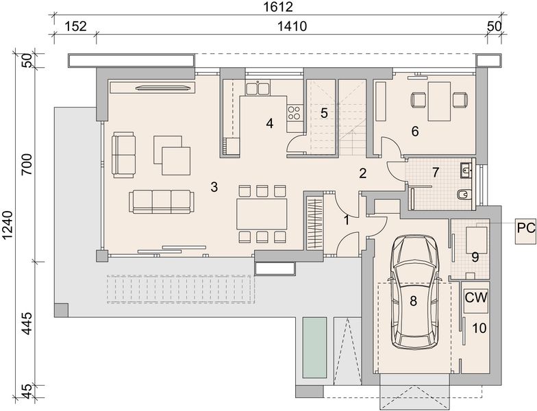 Projekt domu LK&1531 - rzut parteru, dom liczy 4 pokoje, 2 łazienki i wc