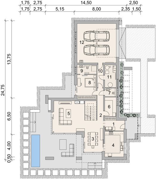 Projekt domu LK&1527 - rzut parteru, dom liczy 4 pokoje, 4 łazienki i wc