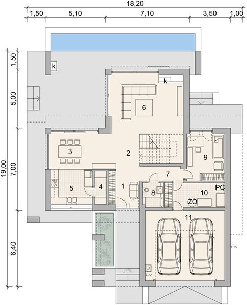 Projekt domu LK&1526 - rzut parteru, dom liczy 4 pokoje, 3 łazienki i wc