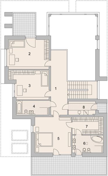 Projekt domu LK&1525 - rzut 1 piętra, dom liczy 4 pokoje, 3 łazienki i wc