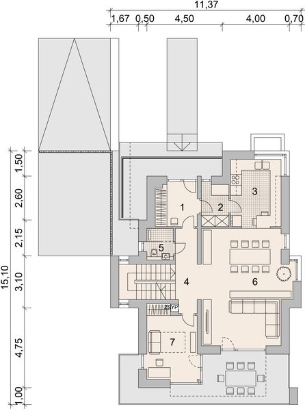 Projekt domu LK&1521 - rzut parteru, dom liczy 5 pokoje, 3 łazienki i wc