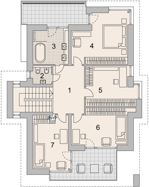 Projekt domu LK&1521 - rzut 1 piętra, dom liczy 5 pokoje, 3 łazienki i wc